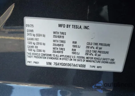 2026 Tesla Model Y from USA, damaged, VIN 7SAYGDED6TA474008